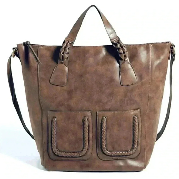 Distressed faux leather, cross body satchel with braided inlay - Picture 1 of 3